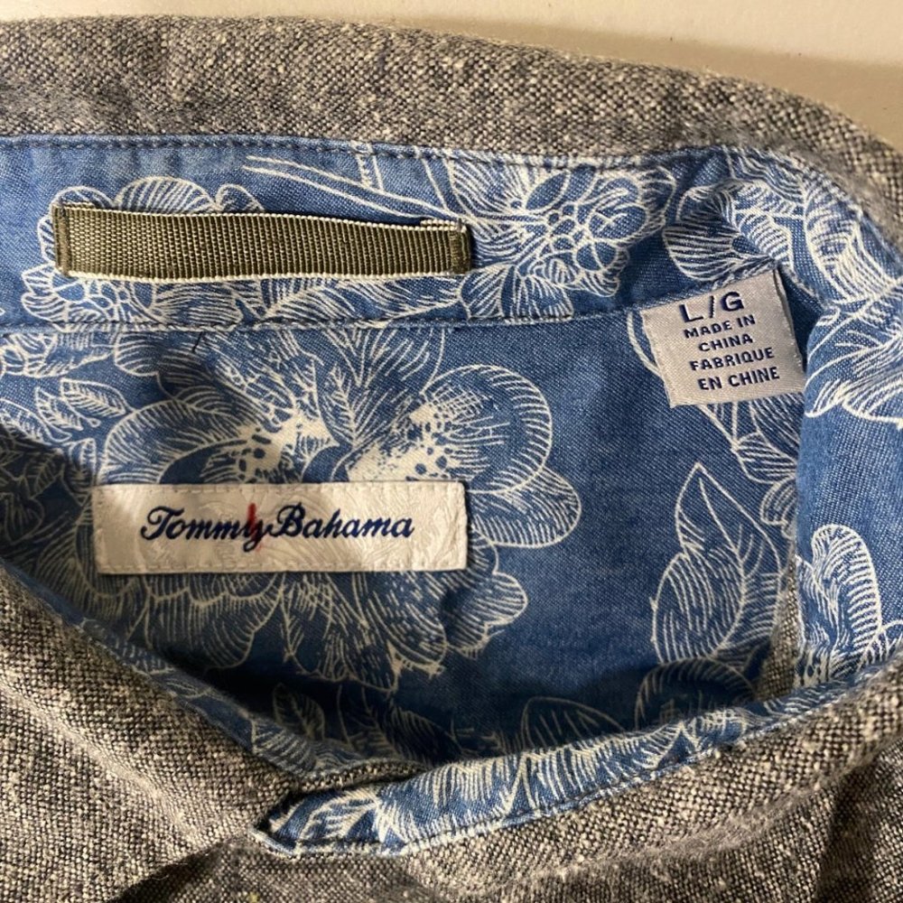 Tommy Bahama Gray Multi-Pocket Metal Snap Button Flannel Shirt Flip Cuff  Mens L - Picture 4 of 12